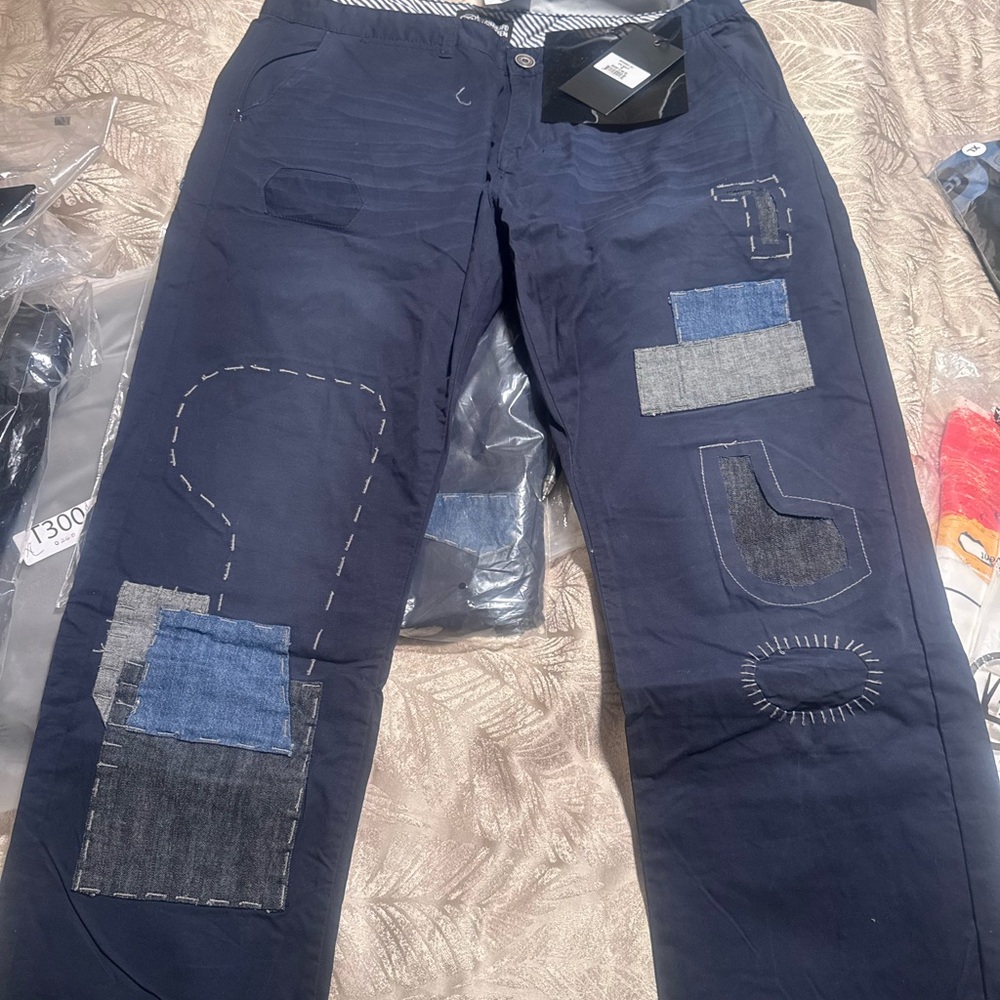 Mostly Heard Rarely Seen Navy Blue Graphic Jacket Insert khaki style pants. Sz38